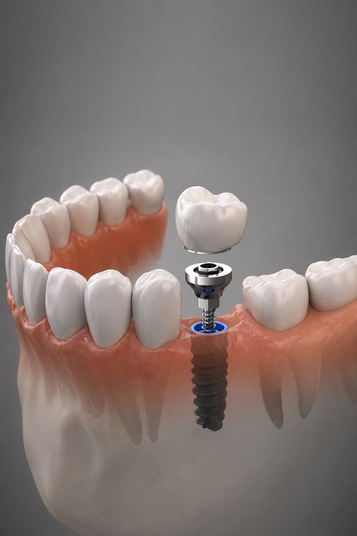 Representación de un implante dental y su corona